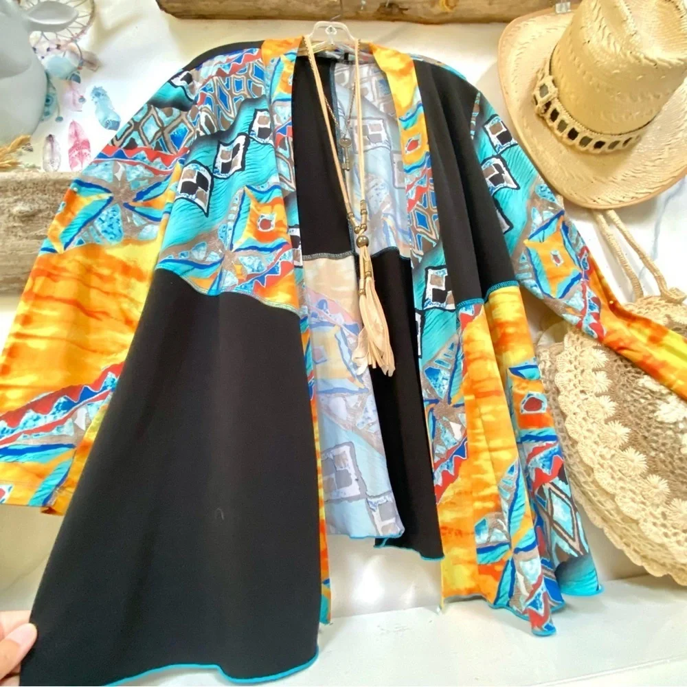 Funky patchwork vibe open front boho cardigan w resort vacay feel - Picture 5 of 10